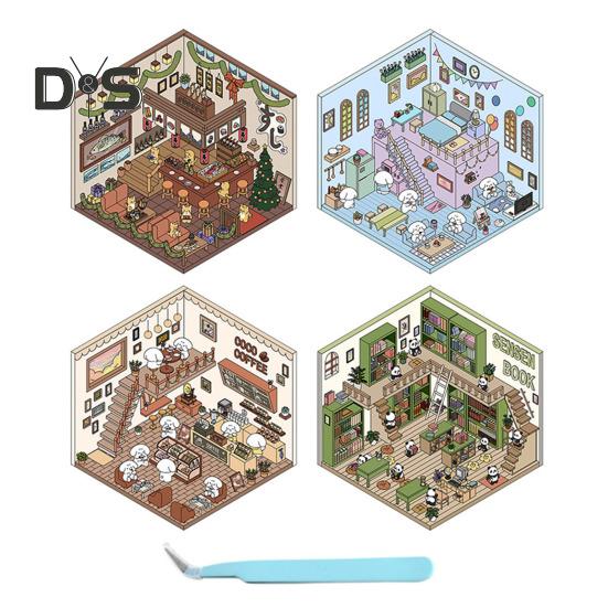 4-teiliges DIY-3D-Hausaufkleber-Set für Erwachsene und Kinder, wiederverwendbar, stressreduzierende Miniatur-Szenen-Aufkleber-Set, DIY-Projekte, Geschenk