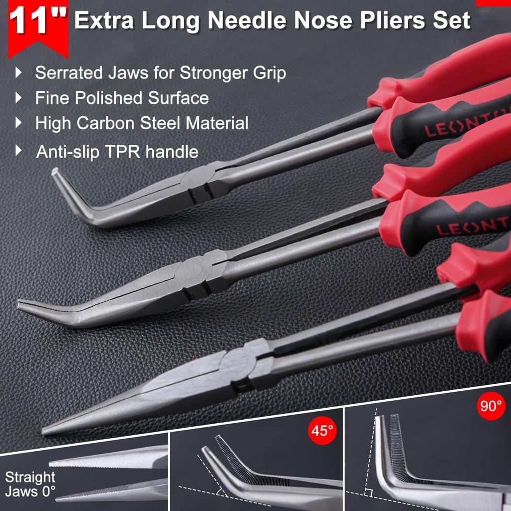 LEONTOOL Sada 3 dlouhých kleští s dlouhými čelistmi Rovné zahnuté hroty Zahnuté kleště na rádio Zahnuté kleště na rádio Tenké vroubkované kleště na rádio s dlouhým dosahem Dlouhé hroty