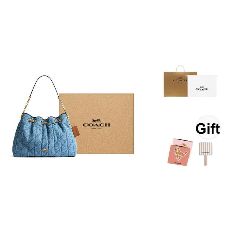 Coach Chain 35 Diamond Pattern Chain Shoulder Bag Denim Large Women Shoulder Bag Blue CDC02-IMTYV