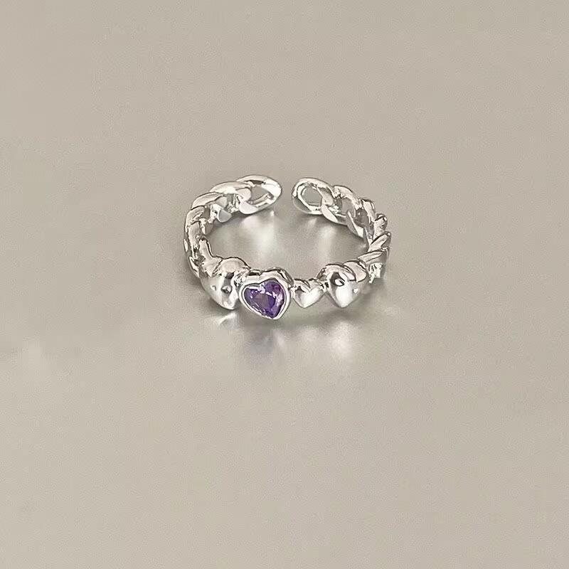 Sweet Wind Purple Diamond Love Zircon Open Ring Female Quadrangle Niche Cold Wind Light Luxury Personality Ring