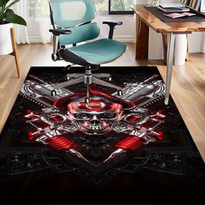 Steampunk SkullRug for IndustrialStyleRoomsBold Red and Black Mechanical Art forEdgyDecor Anti Slip Carpet Can Be Machine Washed