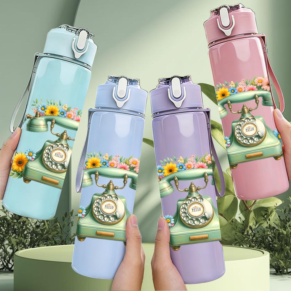 1PC Retro Vintage Telephone Pattern 750ml Color Plastic Sports Water Bottle Leakproof Flip Straw Lid Suitable for Sports Office Home Use