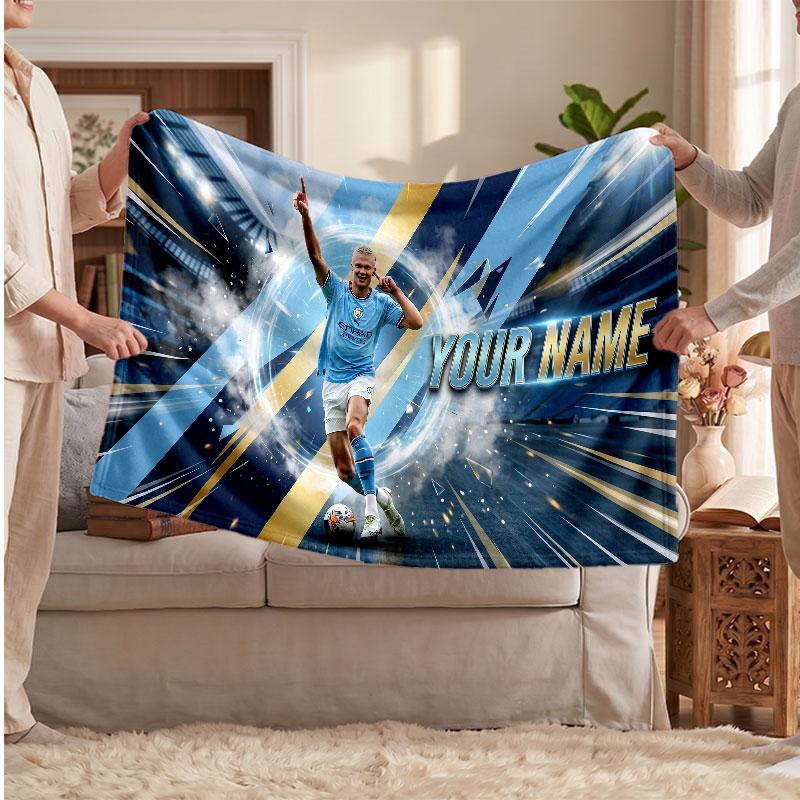 Erling Haaland Personalized Fleece Blanket With Football Logo, Custom Name Text Soft Warm Home Throw Blanket