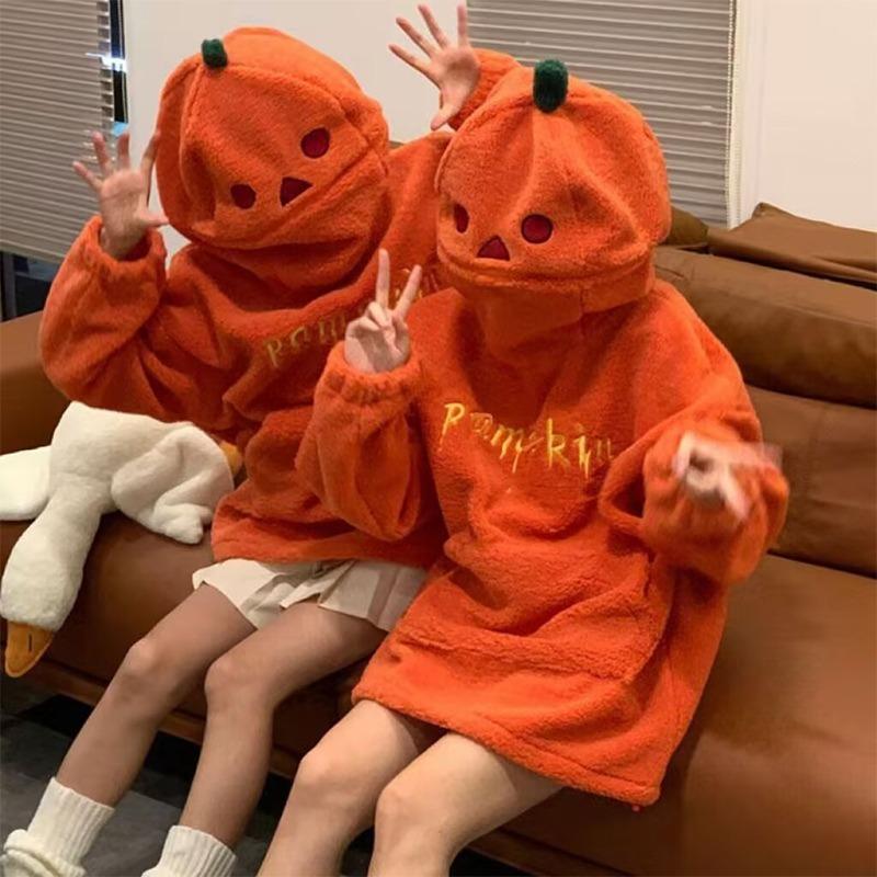 Women Round Neck Lamb Plush Halloween Decorated Hoodie Cute Pumpkin Shaped Embroidery Pellet Fleece Sweatshirt