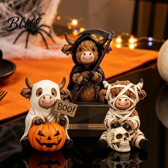 Gothic Style Gift for Lovers 3Pcs Halloween Highland Cow Figurines, Resin Cattle Statues of Grim Reaper, Modern Farmhouse Table Decor Mummy