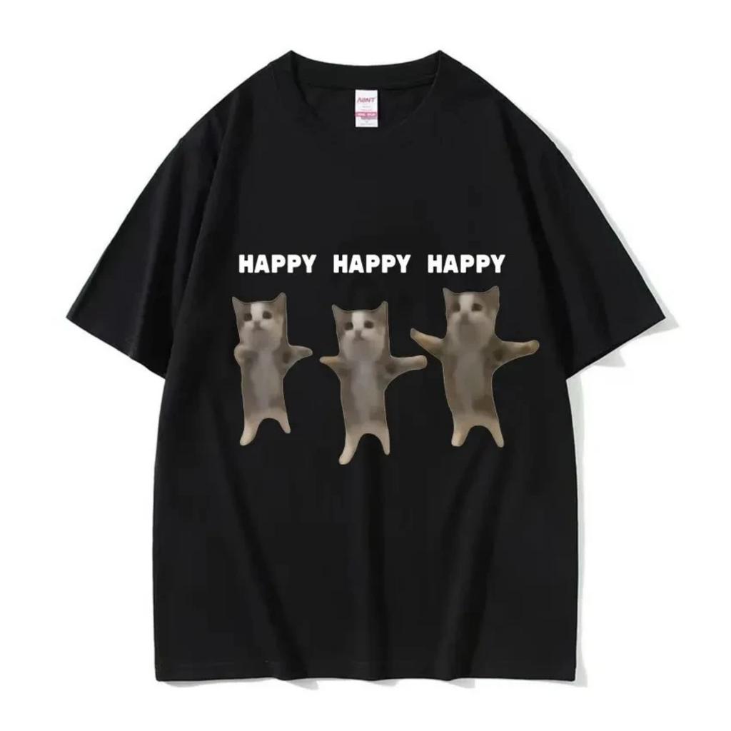 Funny Cute Cat Meme Graphic T Shirt Dance Happy Cat Tops Unisex Fashion T-shirt Summer Couples Casual 100% Cotton Oversized Tees