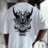 Traditional Japanese Tattoo Style Oni Mask Graphic T Shirt Dot Grain Flame Hannya Back Crew Neck Casual Tee