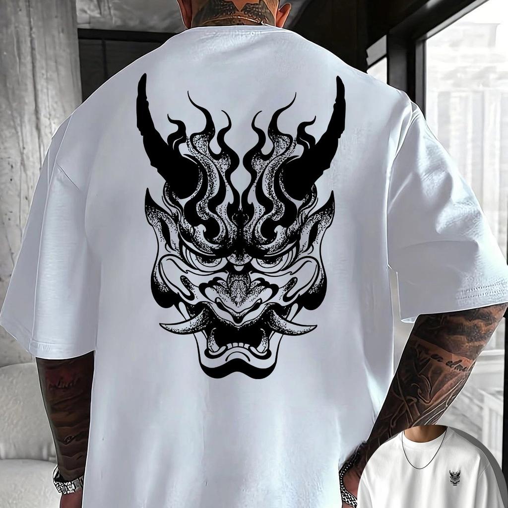 Traditional Japanese Tattoo Style Oni Mask Graphic T Shirt Dot Grain Flame Hannya Back Crew Neck Casual Tee