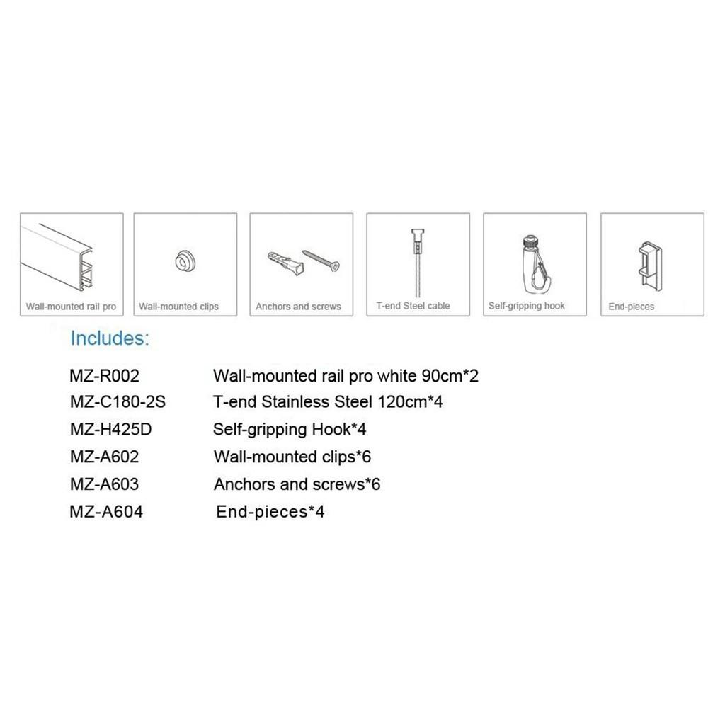 Picture Hanging Systems Studio Exhibition Hall Wall-mounted Rail Kit(2 White Rails 4 Stainless steel Cables 4 Hooks)