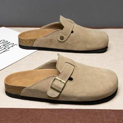 Tamancos Chinelos de Moda para Mulheres Clássicos Camurça Masculino Mules Palmilha de Cortiça Sapatos de Couro Batata com Suporte de Arco Chinelo de Praia