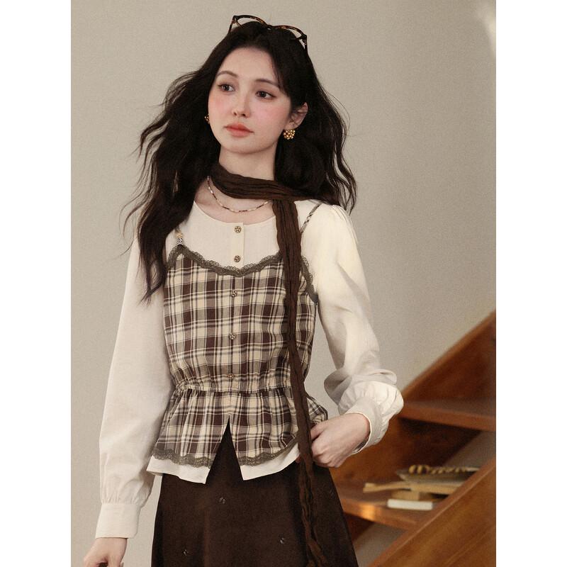 Luxiangnan Women's Faux-Layer Plaid Shirt