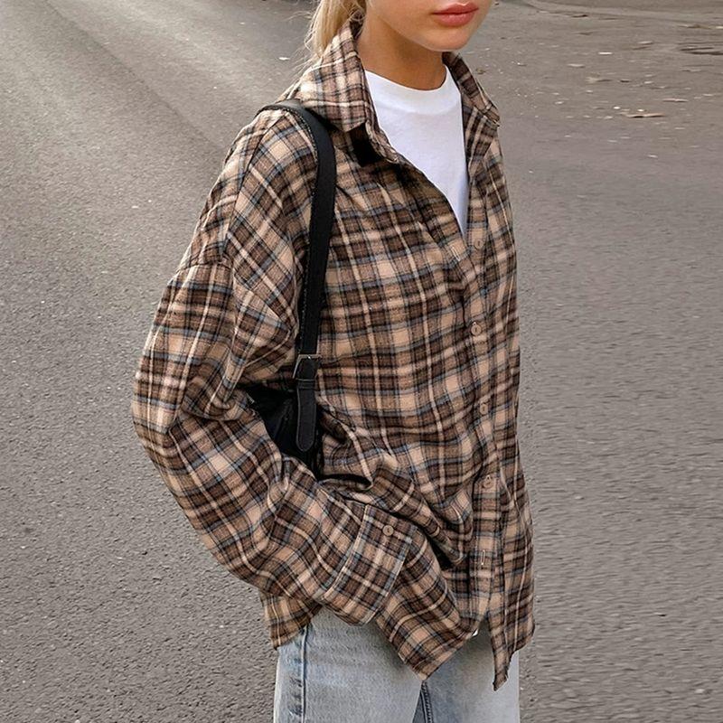 

Retro Loose Base Checked Shirt Women s Retro Loose Bottoming Gingham Shirt BROWN L