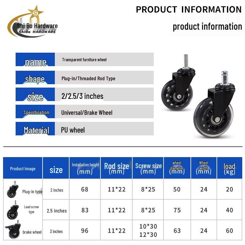 3-inch Transparent Office Chair Casters - Silent PU Polyurethane Universal Wheels 2-inch All Black Stem Swivel