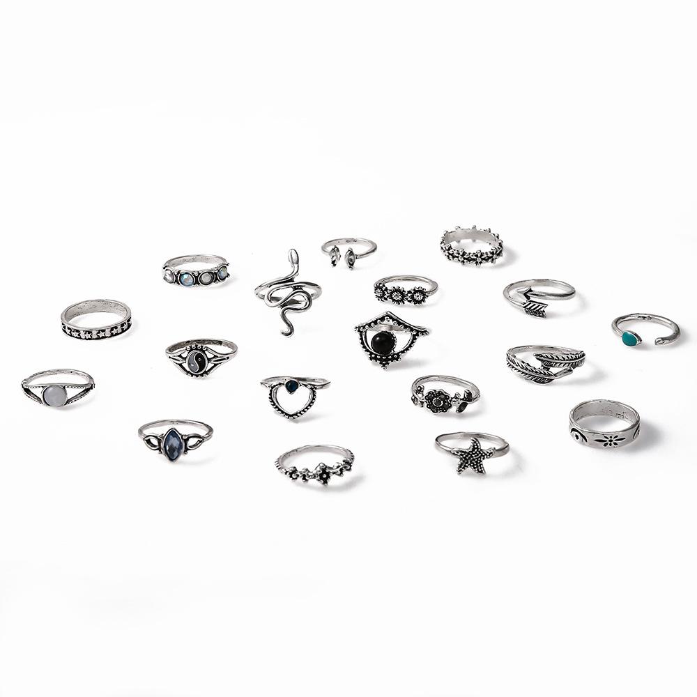 Opal Schwarzer Edelstein Seestern & Schlange Ring Set - 18-teilige Punk Mode Kollektion