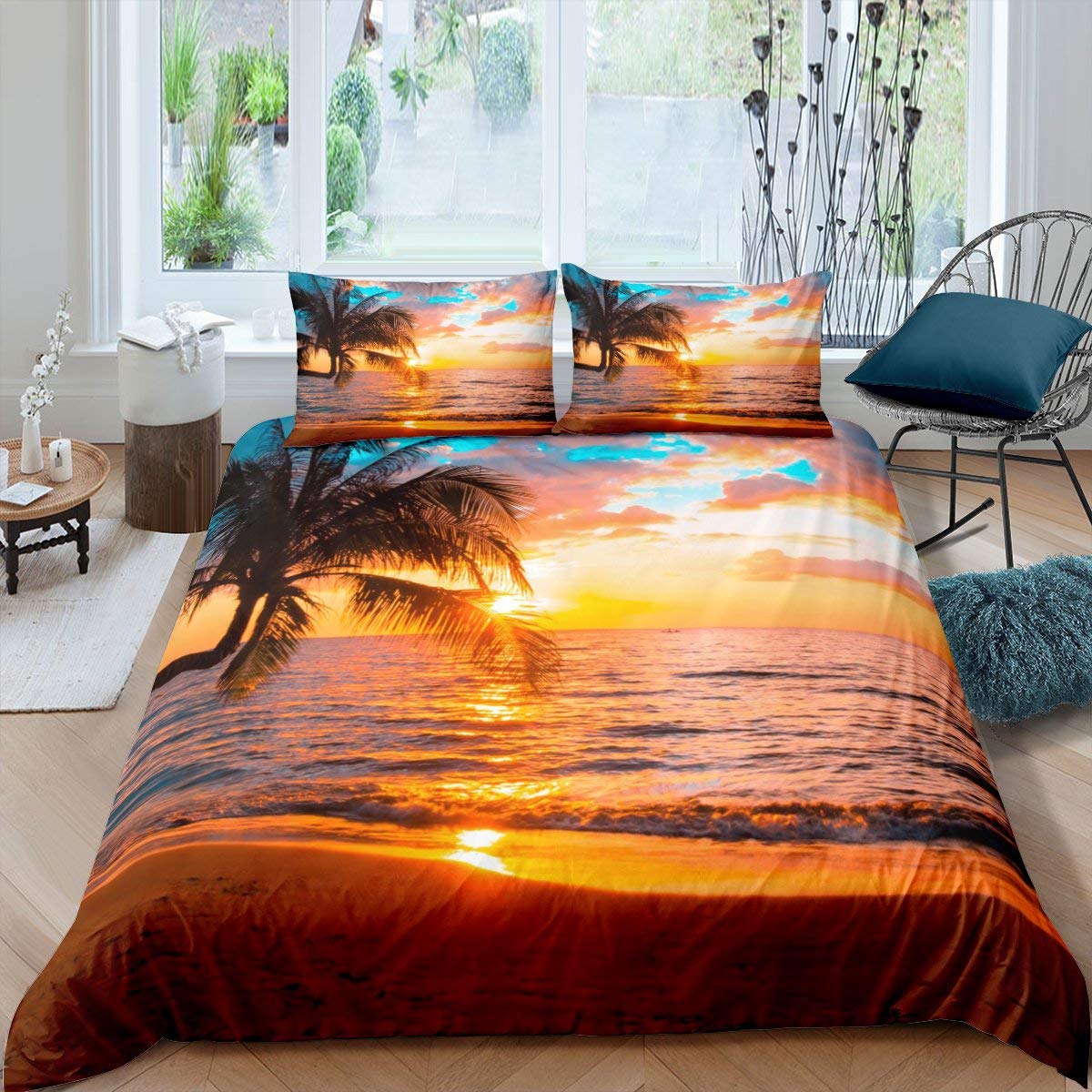 

Летний Пляжный Комплект Пододеяльника Квин Океанический Постельный Комплект Гавайские Пальмы Морская Жизнь Морские Волны Рыбы Принт Комплект Чехла для Одеяла EU single(135x200cm)