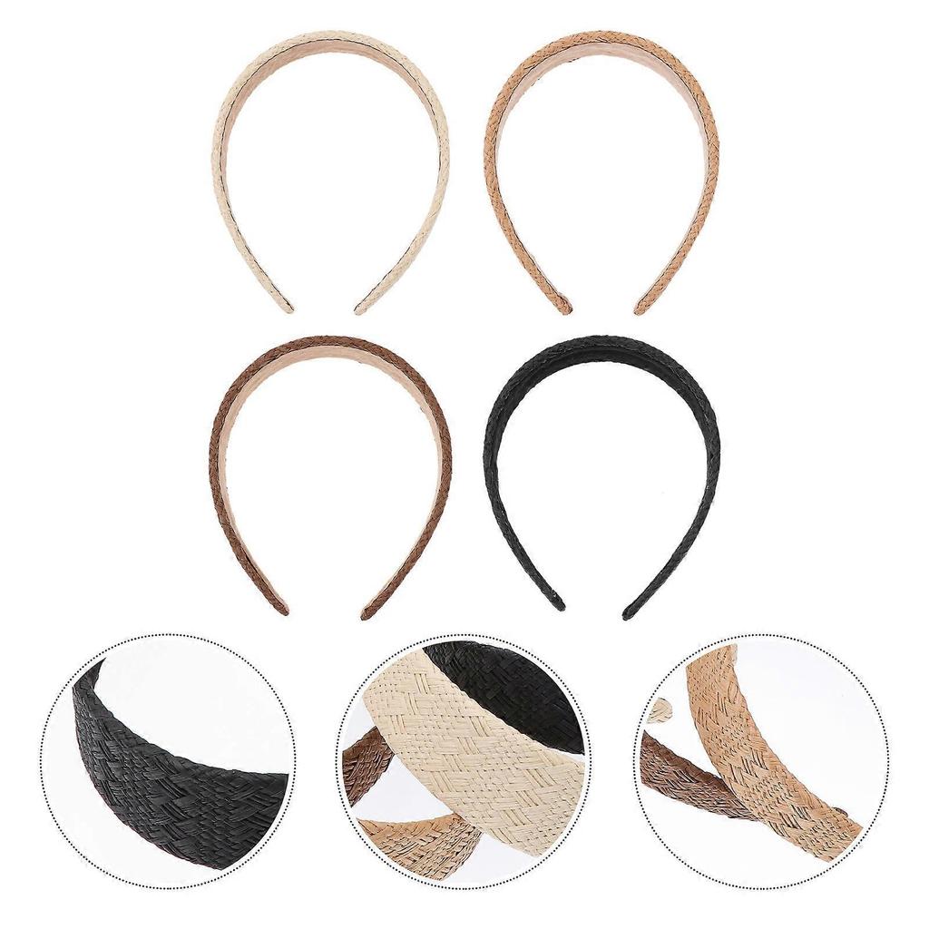 4Pcs Raffia Sponge Head Hoops Women Rattan Style Headbands Female Hair Decors