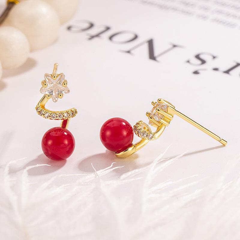 2026 New Year Red Cubic Zirconia Star Earrings: Women's Light Luxury, High-End, Unique, Versatile, Beautiful Studs