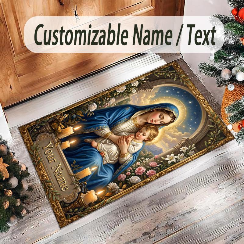 Virgin Mary Theme Crystal Velvet Rug Personalized Custom Name Text Soft Floor Mat Home Decor