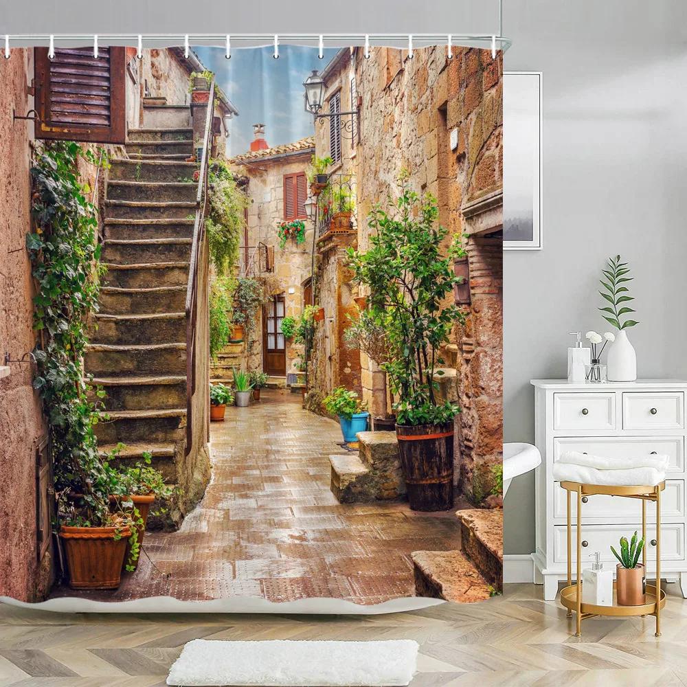 Greek Town Street View Shower Curtain Blue Wooden Doors Windows Flower Plant Wall Decor Bathroom Hanging Curtains Set With Hooks