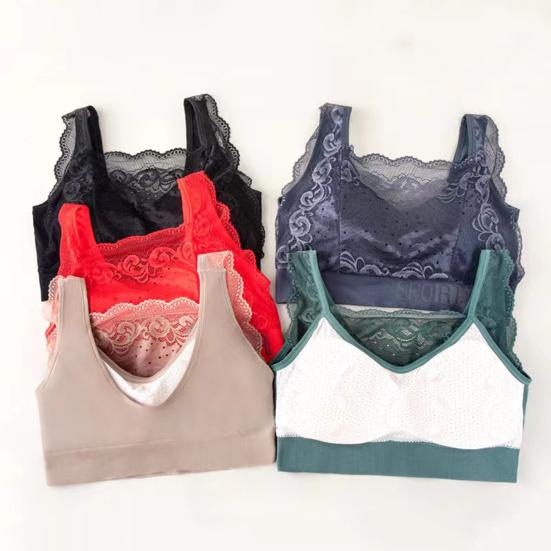 Women Fashion Breathable Wide Shoulder Straps V-shaped Beauty Back Anti Sagging Padded Sports Bra Lace Sweet Stitching Push Up Seamless Wireless Bra