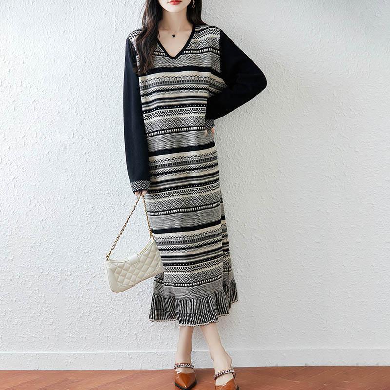 Women Sweater Dress 100% Wool MODERN NEW SAGA V-neck Knit Long Pullover Winter Jumpers Wool Long Dress Female