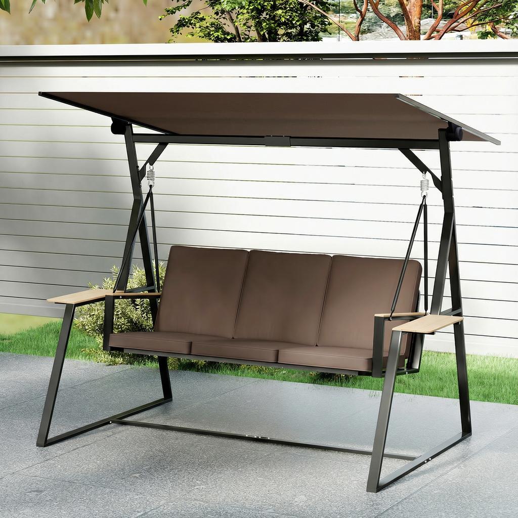 Outdoor Garden Swing 3 Seater With Adjustable Roof 2 Trays Cushions And Metal Frame Load 360 Kg Brown