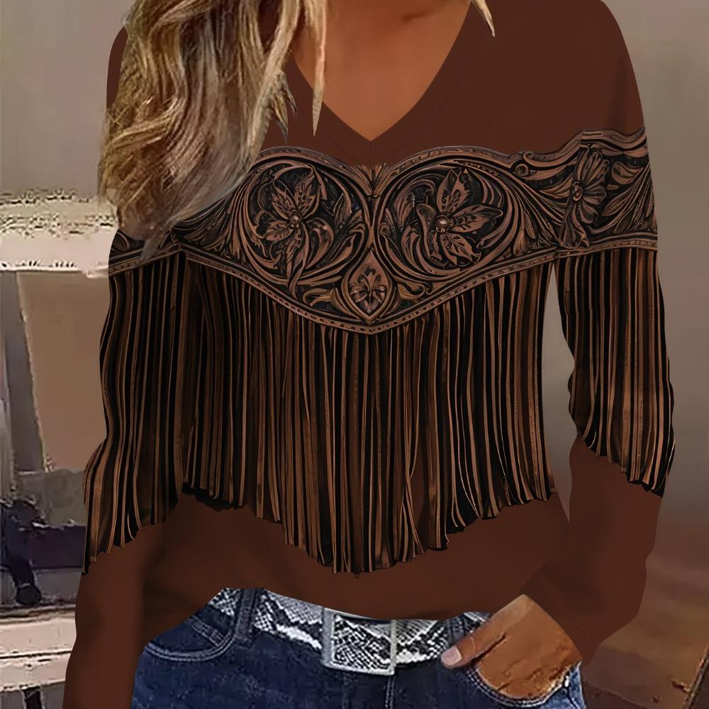 

Women s Bohemian Style Floral Print V-neck Long Sleeved T-shirt S