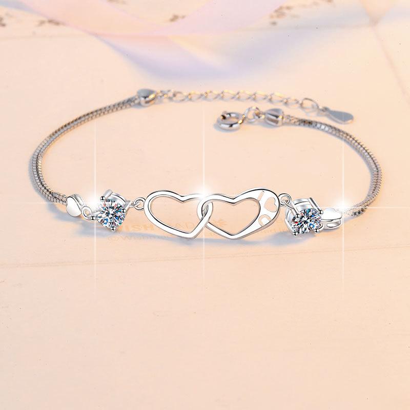 Women's Romantic Heart-Shaped Double Loop Bracelet PT950 Platinum 1CT Moissanite Elegant High-End Gift Jewelry