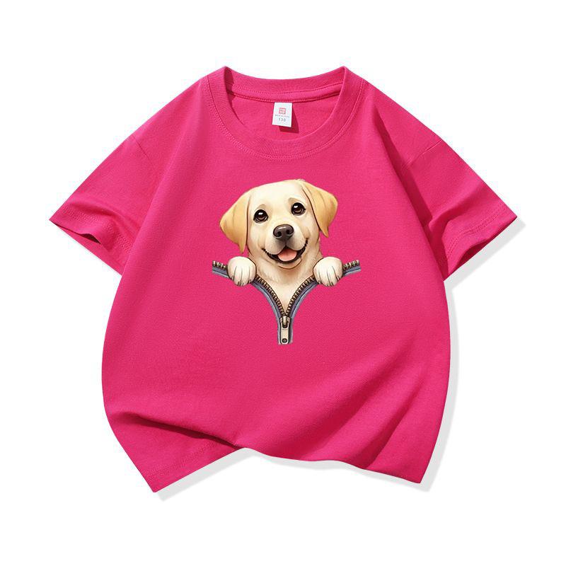 Kids Cotton T Shirt Cute Labrador Retriever Dog Zipper Print Crew Neck Short Sleeve Tee Casual Boys Girls Summer Tops