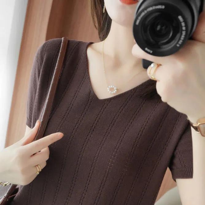 

Women s Summer Ice-Silk Short-Sleeve Loose-Fit Korean-Style T-Shirt Solid Color Tummy-Covering Base Layer Top XS