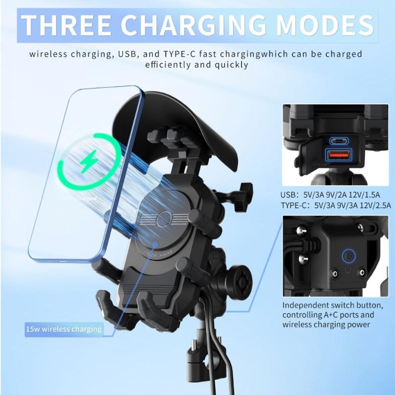 Motorcycle Phone Mount with 15W Wireless Charging & Vibration Dampener,AntiTheft, AntiShake, Adjustable Phone Holder
