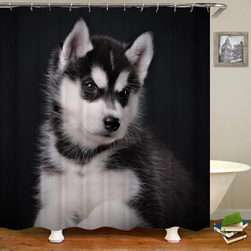 Süßer Sibirischer Husky Duschvorhang Weihnachtlicher Duschvorhang Set Husky Hund Welpe Badezimmervorhang Haustier Hunde Weihnachten Heimdekoration
