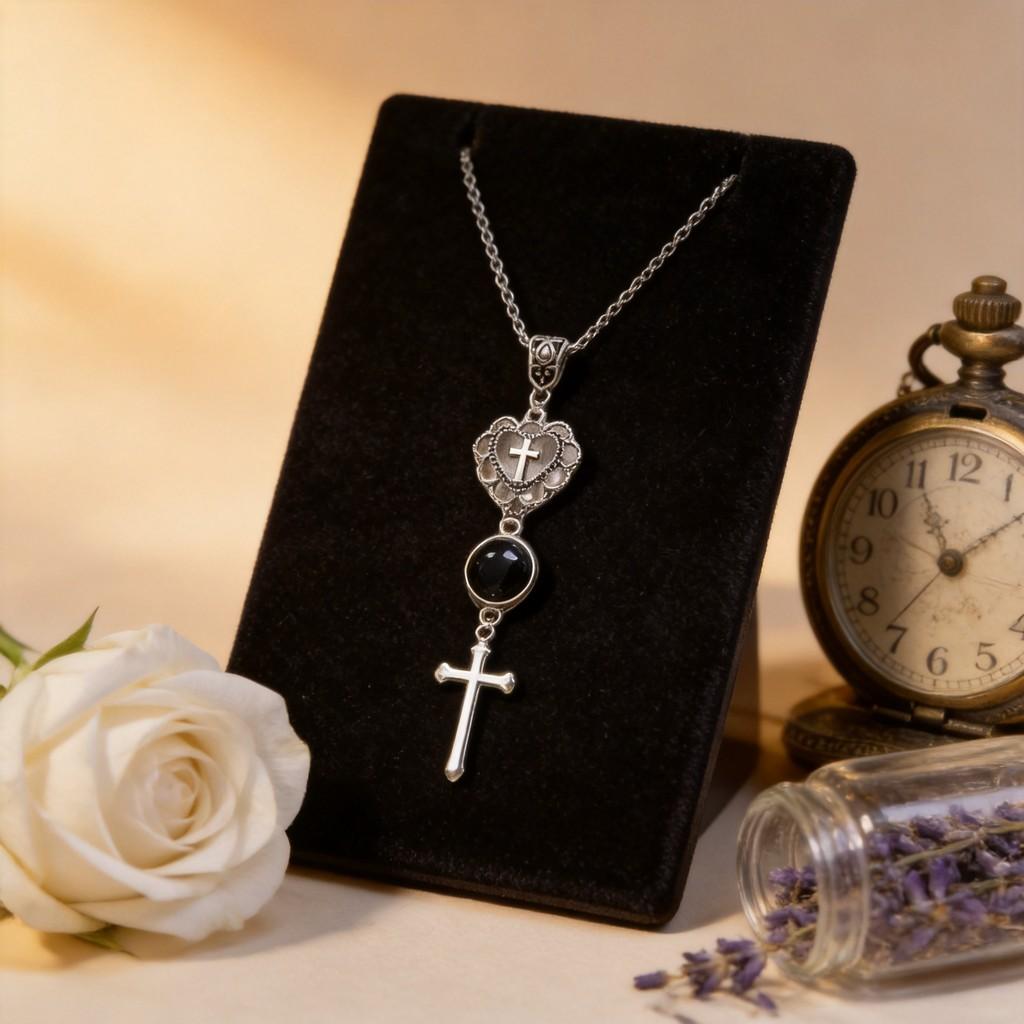 Cross Necklace Pendant With Heart Shape And Malachite For Fashion Ol Women And Men