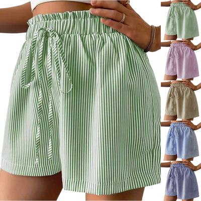 Striped Shorts For Women High Waisted Beach Casual Drawstring Pull On Elastic Waist Summer Shorts With Pockets