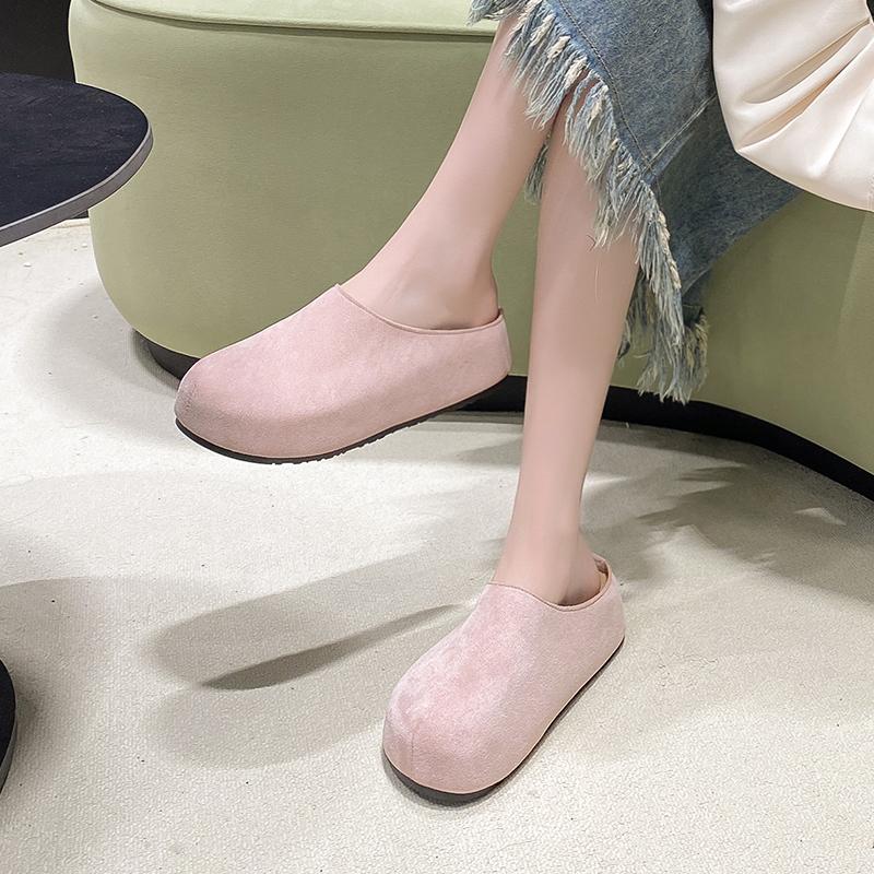 Baotou Mid-heel Flat Shoes New Summer Round Head Deep Mouth Suede Soft Sole Anti-slip Wear-resistant Slippers