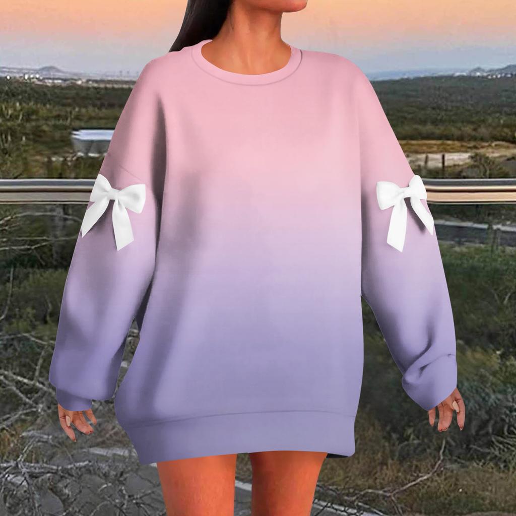 Damtröja med graderat tryck, rosett, rund hals, lång ärm, lös passform