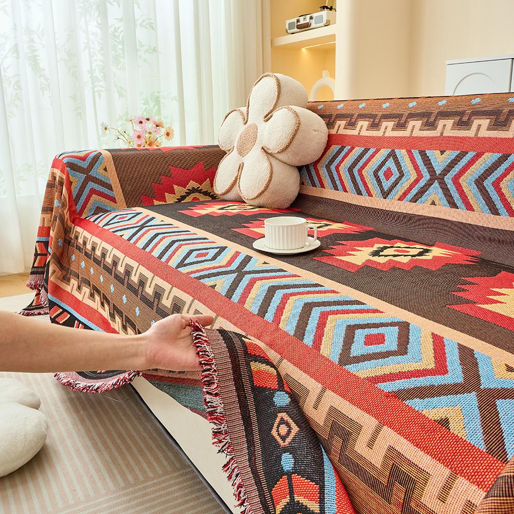 Aztec sofa towel cover bohemian fringed cotton yarn sofa cover vintage geometric woven thread blanket
