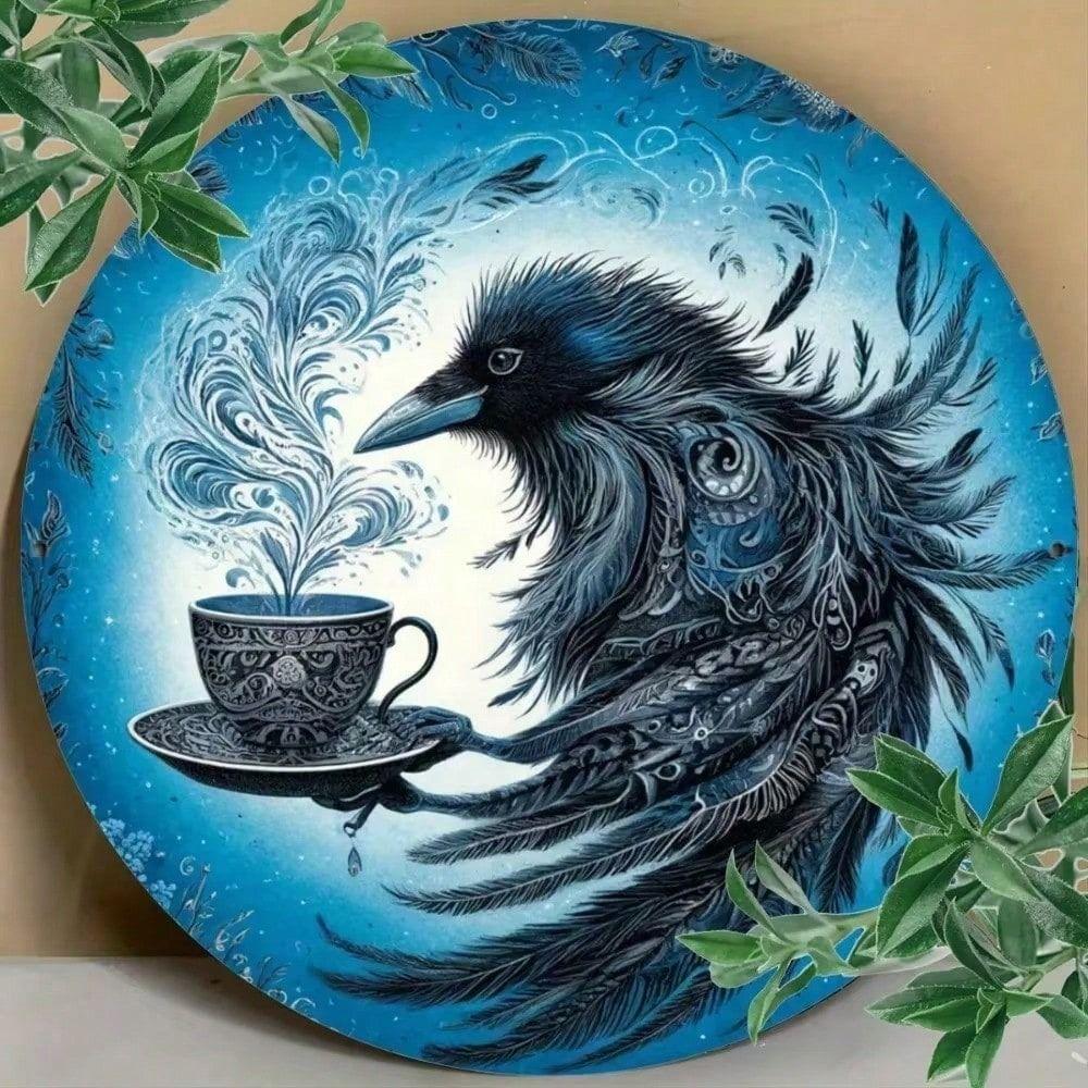 Round Metal Wall Sign Crow Coffee Kitchen Art 20cm
