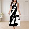 Women Plus Size Sleeveless Round Neck Triple Keyhole Cutout Black White Printed Maxi Dress