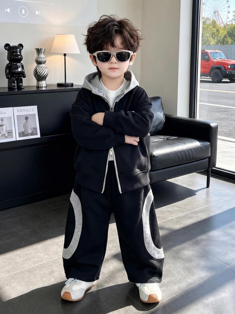 Boys' Two-Piece Spring & Autumn Set: Hooded Jacket & Casual Pants, Stylish Color Block Outfit