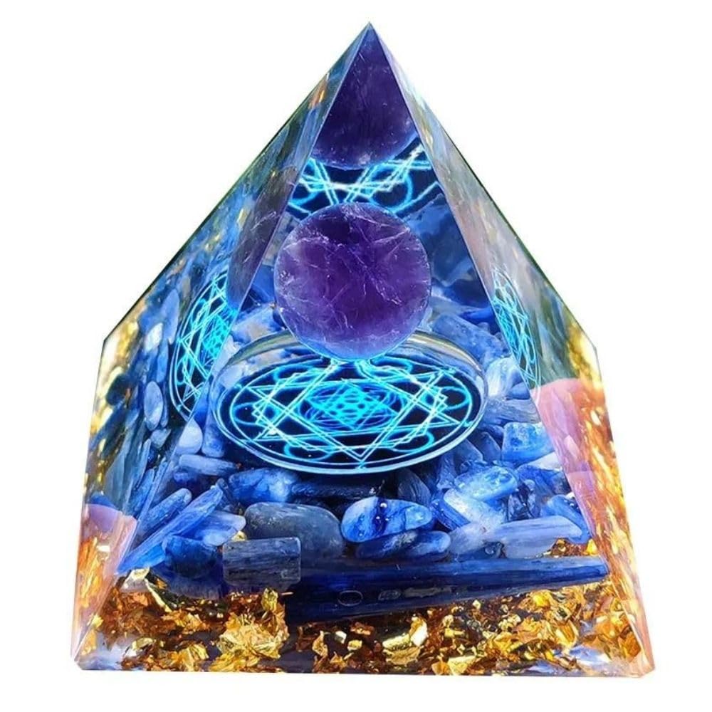 PLEAVIT Orgonite Pyramid with Crystal and Natural Stones, Chakra Power Stone Figurine, Purification Hexagon (5 x 5 cm)