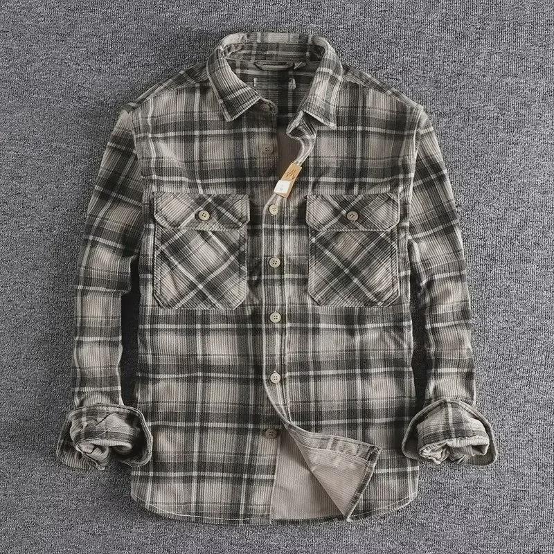 

Мужская классическая клетчатая рубашка цвета хаки с длинным рукавом - стираный вельвет, ретро-стиль весна/осень XXL серый