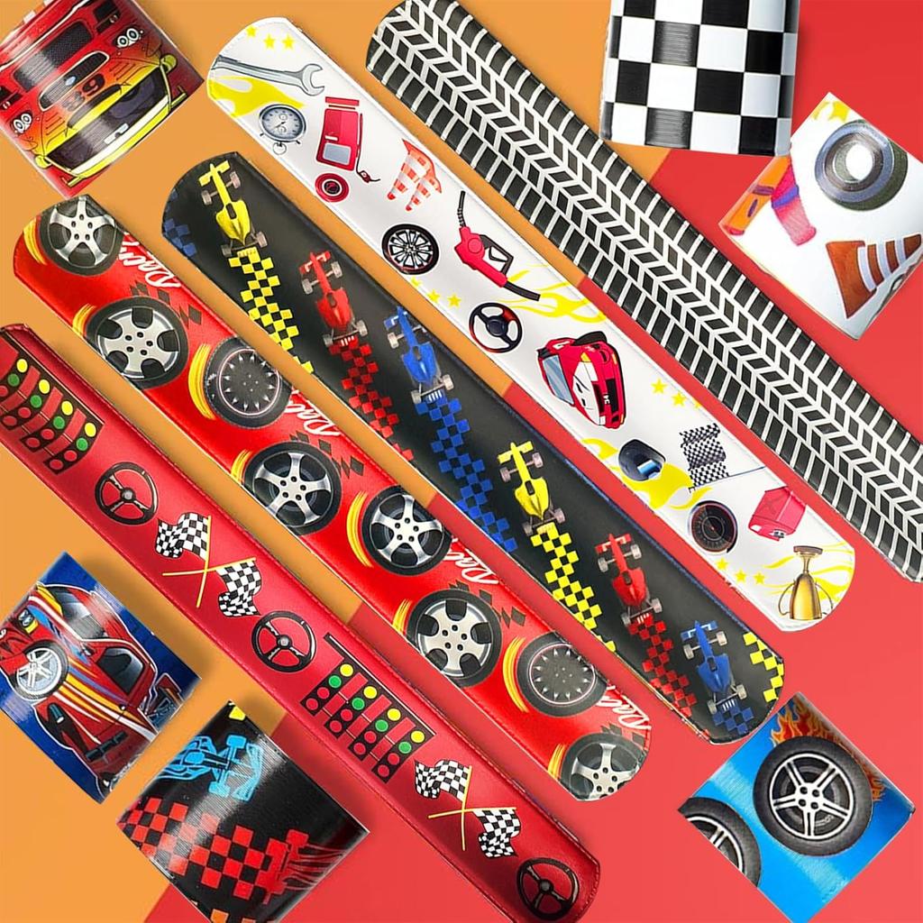 24 Pcs Race Car Party Decorations Favors Racing Bracelet Racing Wristbands Bracelet Checkered Slap Bracelets Dirt Bike Task Game Decorations Car