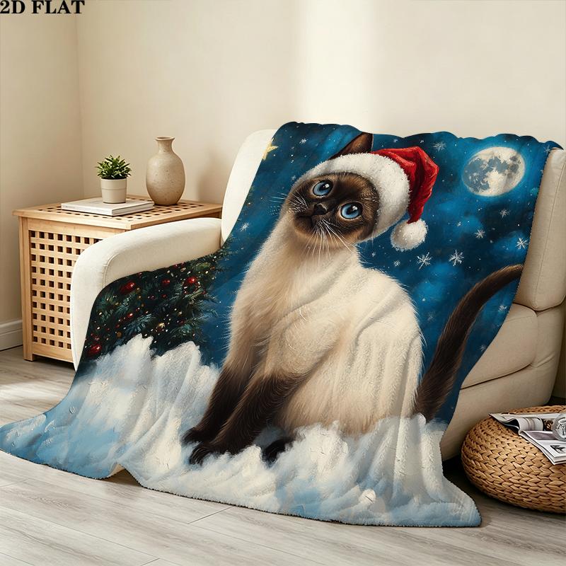 Christmas cat Printed Flannel Blanket, soft throw for bedroom sofa, washable, Christmas present, great gift.