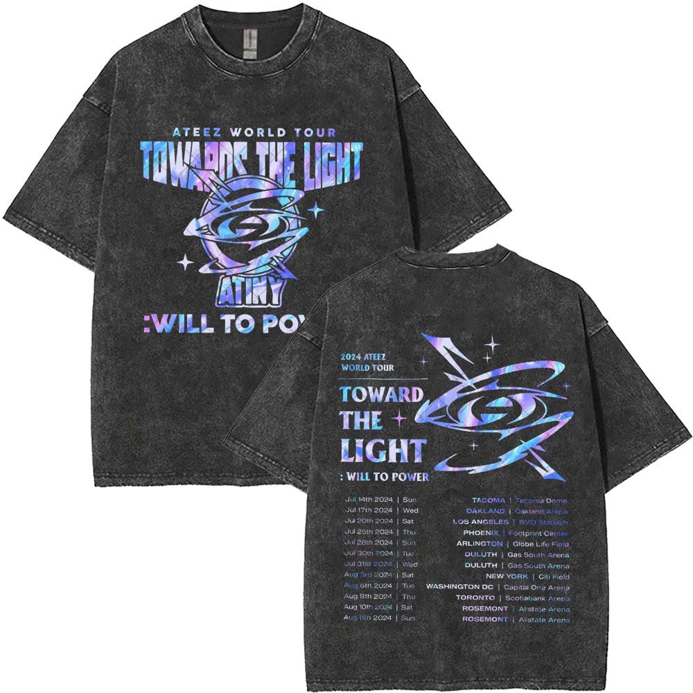 Washed Vintage Kpop ATEEZ "FlX ON" Merch T-shirt Men Women Korean Fashion Trend T Shirts Men's Casual Oversized Cotton T-shirts