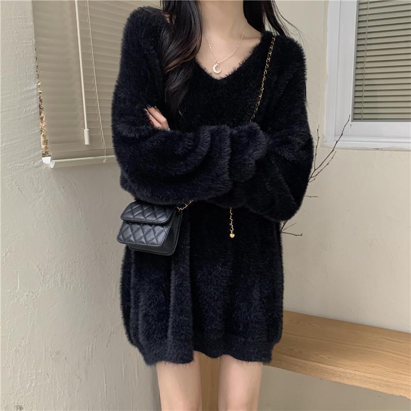 2025 Women's Mid-Length Faux Mink Sweater - Soft, Loose, Long Sleeve, Lazy Style for Autumn and Winter