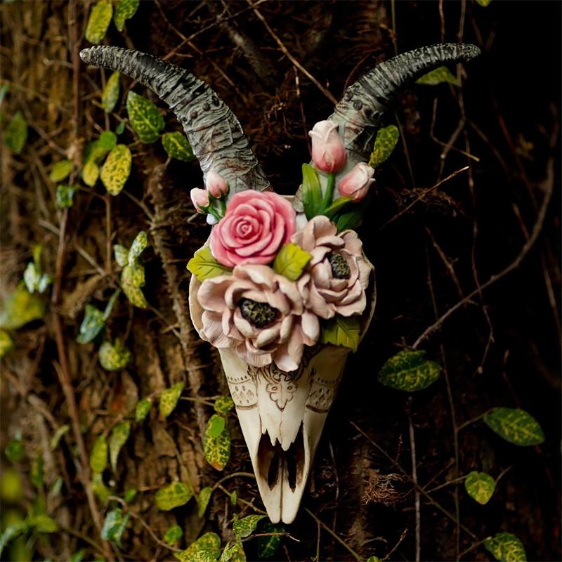 Wall Sculpture Simulation Flower Goat Skull Artwork Props 3D Animal Crafts Decor