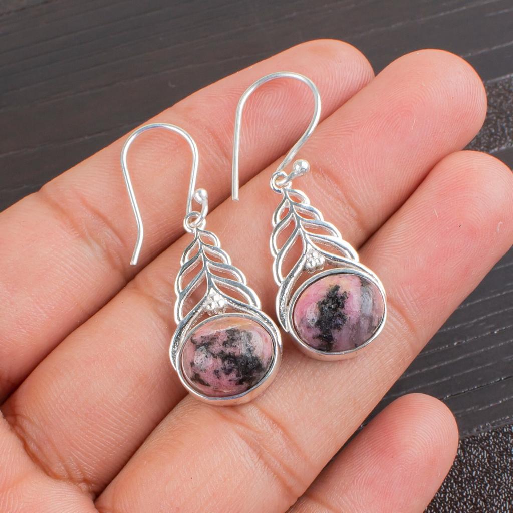 Natural Black Rhodonite Gemstone 925 Sterling Silver Jewelry Hook Earrings 1.64" CE-1-27