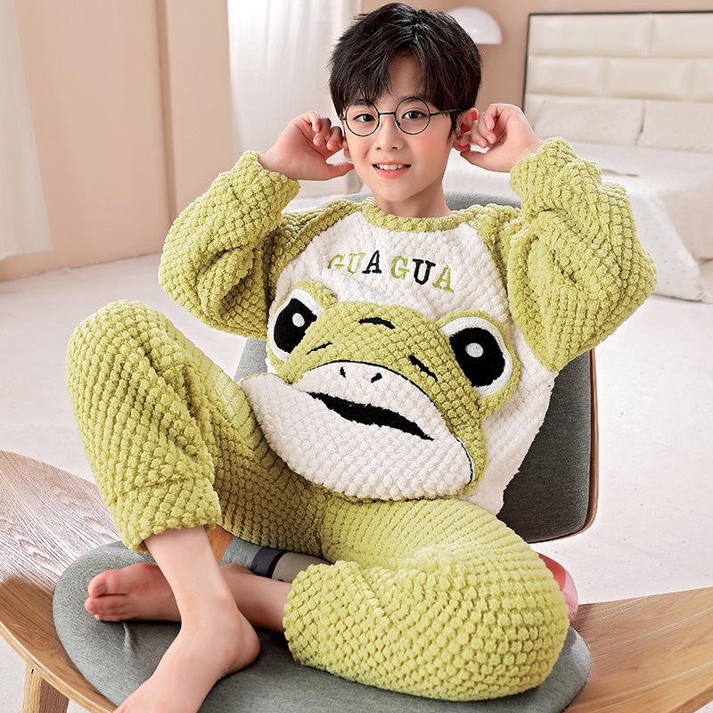 Flanell-Cartoon-Pyjama für Jungen - Langärmlig, Rundhalsausschnitt, Korallenfleece, Herbst/Winter