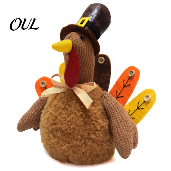 Plush Turkey Toy for Thanksgiving, Harvest Festival Fall Stuffed Decorative with Pilgrim Hat, Plushie Table Centerpiece Decoration Decor